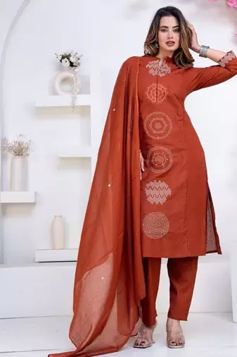 Floral printed brown round neck pure cotton kurta set with trouser & dupatta