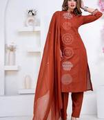 Floral printed brown round neck pure cotton kurta set with trouser & dupatta