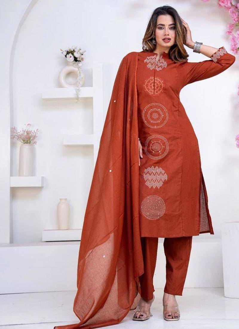 Floral printed brown round neck pure cotton kurta set with trouser & dupatta