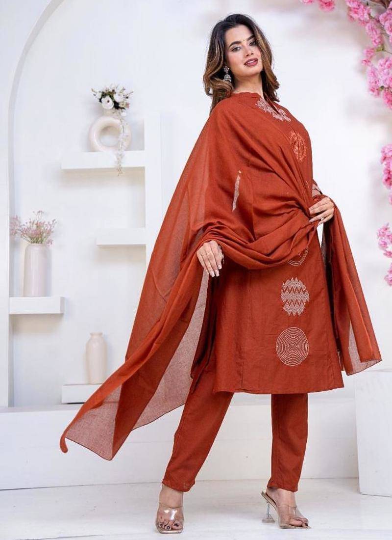 Floral printed brown round neck pure cotton kurta set with trouser & dupatta