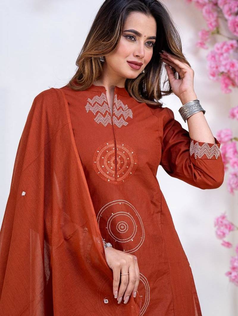 Floral printed brown round neck pure cotton kurta set with trouser & dupatta