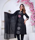 Floral printed black round neck pure cotton kurta set with trouser & dupatta