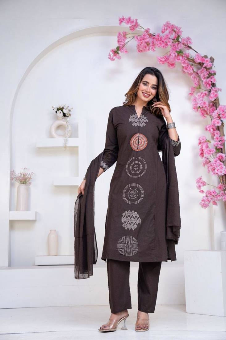 Floral printed black round neck pure cotton kurta set with trouser & dupatta