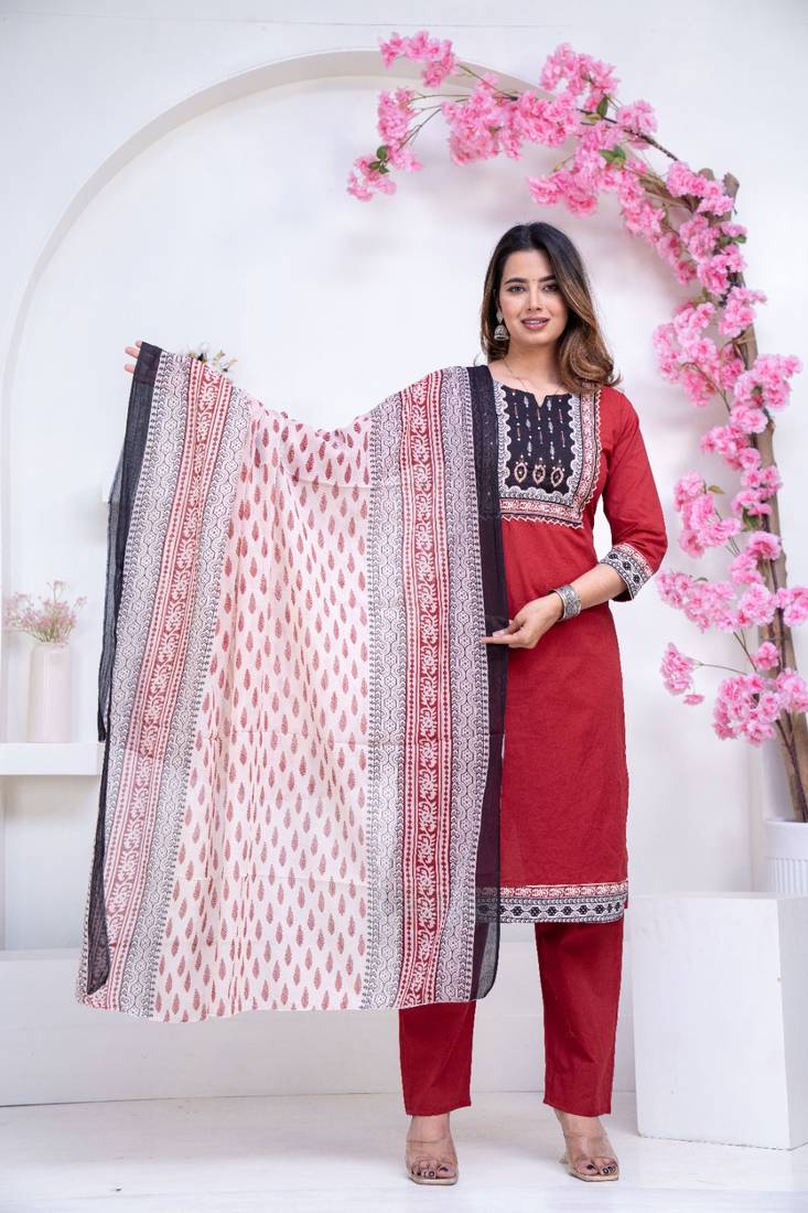 Floral printed red round neck pure cotton kurta set with trouser & dupatta