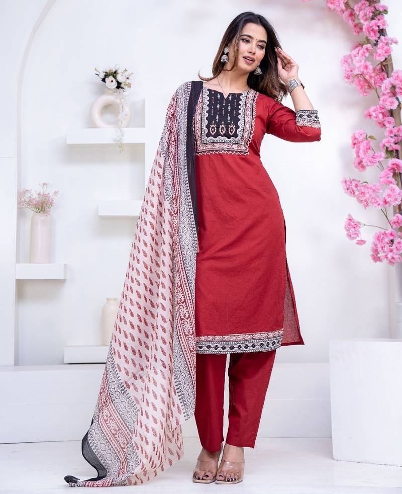 Floral printed red round neck pure cotton kurta set with trouser & dupatta