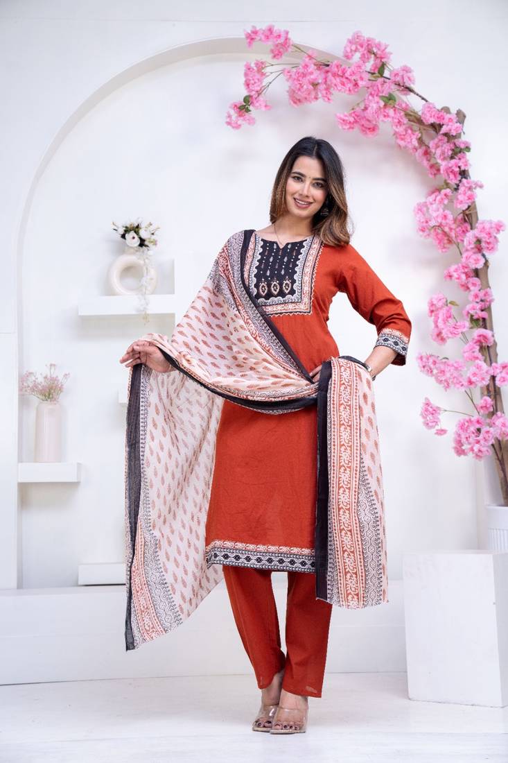 Floral printed orange round neck pure cotton kurta set with trouser & dupatta
