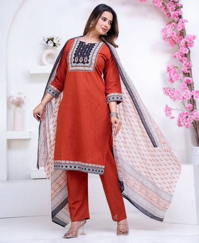 Floral printed orange round neck pure cotton kurta set with trouser & dupatta