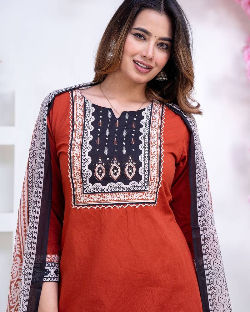 Floral printed orange round neck pure cotton kurta set with trouser & dupatta