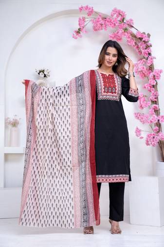 Floral printed black round neck pure cotton kurta set with trouser & dupatta