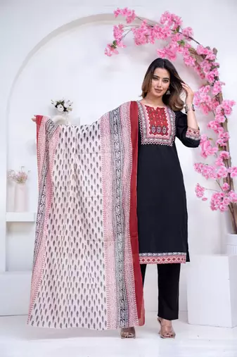 Floral printed black round neck pure cotton kurta set with trouser & dupatta