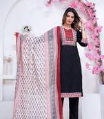 Floral printed black round neck pure cotton kurta set with trouser & dupatta