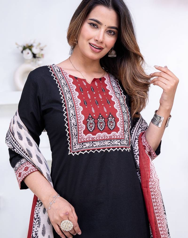 Floral printed black round neck pure cotton kurta set with trouser & dupatta