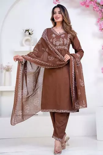 Floral printed brown v neck pure cotton kurta set with trouser & dupatta