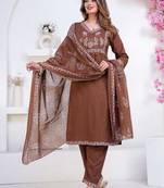 Floral printed brown v neck pure cotton kurta set with trouser & dupatta