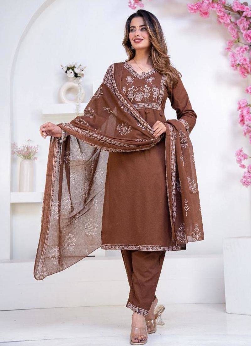 Floral printed brown v neck pure cotton kurta set with trouser & dupatta