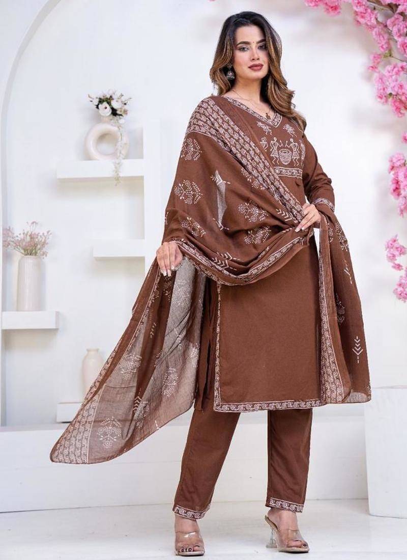 Floral printed brown v neck pure cotton kurta set with trouser & dupatta