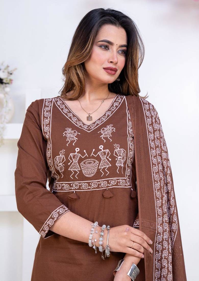 Floral printed brown v neck pure cotton kurta set with trouser & dupatta