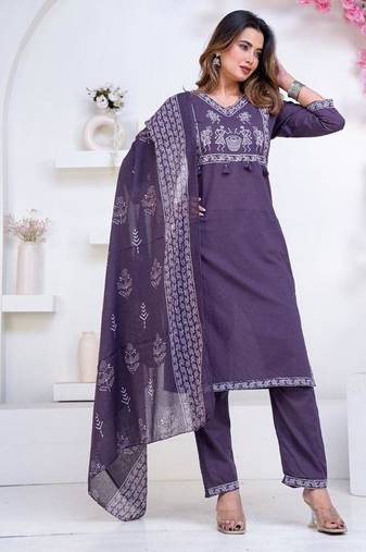Floral printed blue v neck pure cotton kurta set with trouser & dupatta