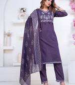 Floral printed blue v neck pure cotton kurta set with trouser & dupatta
