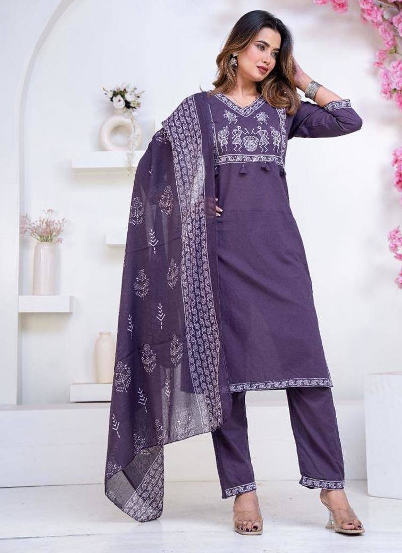 Floral printed blue v neck pure cotton kurta set with trouser & dupatta