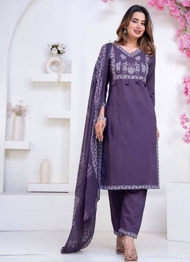 Floral printed blue v neck pure cotton kurta set with trouser & dupatta