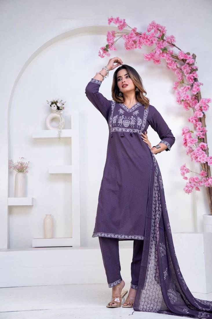 Floral printed blue v neck pure cotton kurta set with trouser & dupatta