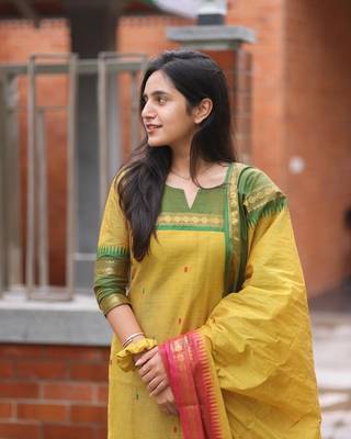 Floral printed multicolor round neck  cotton kurta set with trouser & dupatta 2