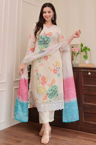 Floral embroidered off-white round neck pure cotton kurta set with trouser & dupatta