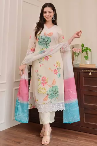 Floral embroidered off-white round neck pure cotton kurta set with trouser & dupatta