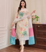 Floral embroidered off-white round neck pure cotton kurta set with trouser & dupatta