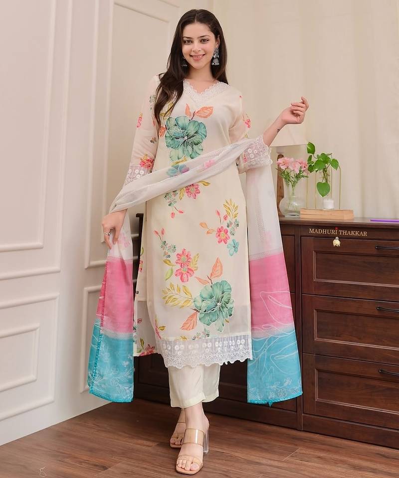 Floral embroidered off-white round neck pure cotton kurta set with trouser & dupatta