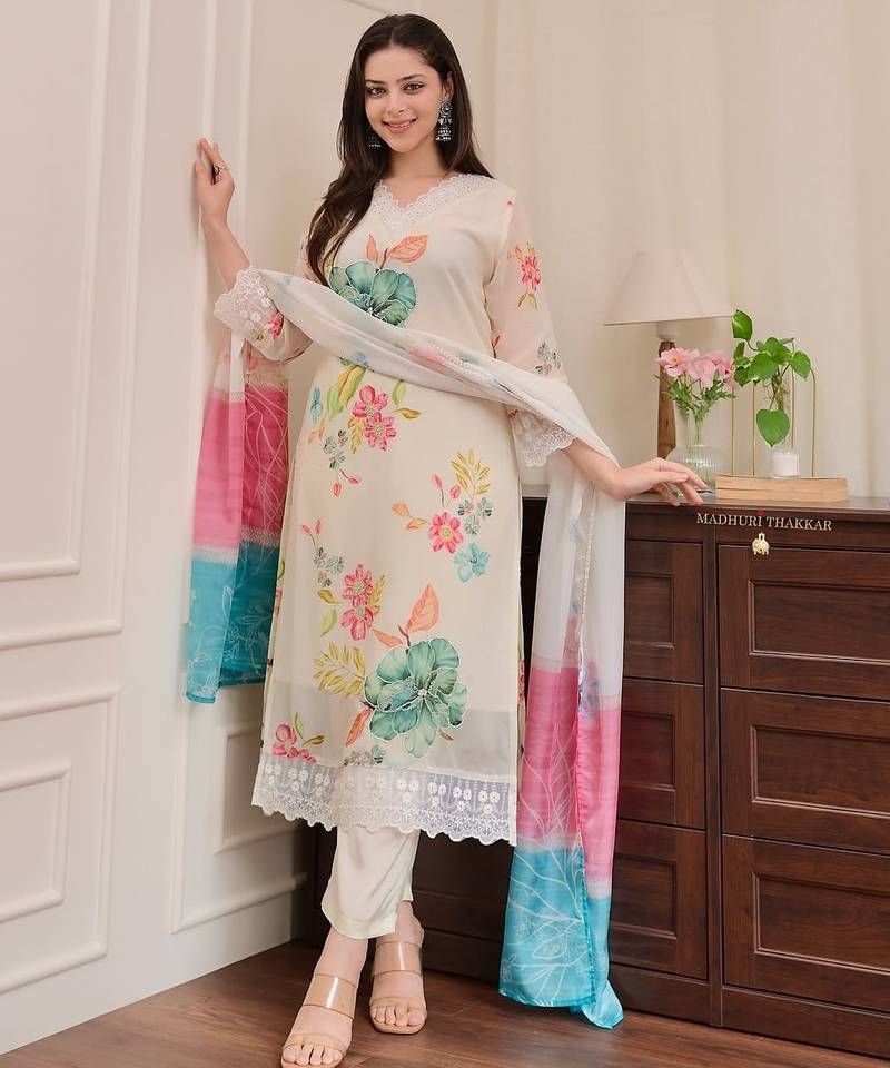 Floral embroidered off-white round neck pure cotton kurta set with trouser & dupatta
