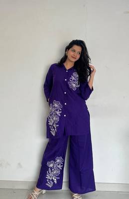 Floral printed purple round neck  cotton co-ord set 1