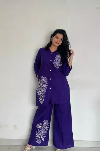 Floral printed purple round neck pure cotton co-ord set