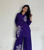 Floral printed purple round neck pure cotton co-ord set