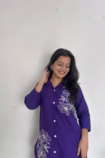 Floral printed purple round neck  cotton co-ord set
