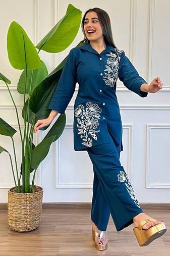 Floral printed blue round neck pure cotton co-ord set