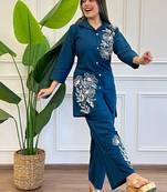 Floral printed blue round neck pure cotton co-ord set