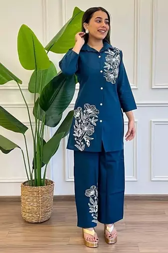 Floral printed blue round neck  cotton co-ord set