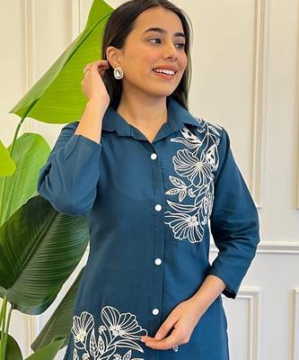 Floral printed blue round neck cotton co-ord set 3