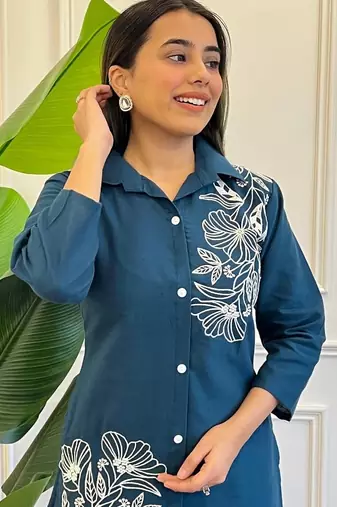 Floral printed blue round neck  cotton co-ord set