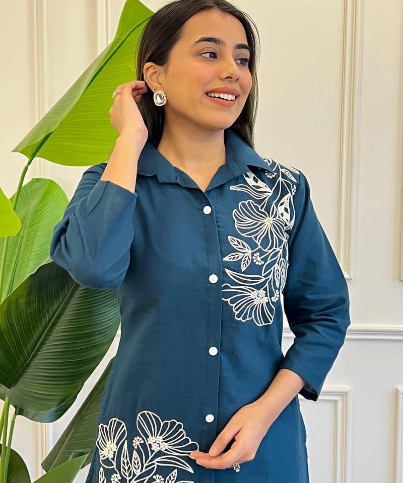 Floral printed blue round neck pure cotton co-ord set