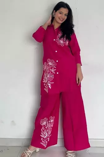 Floral printed pink round neck pure cotton co-ord set