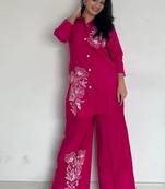 Floral printed pink round neck pure cotton co-ord set