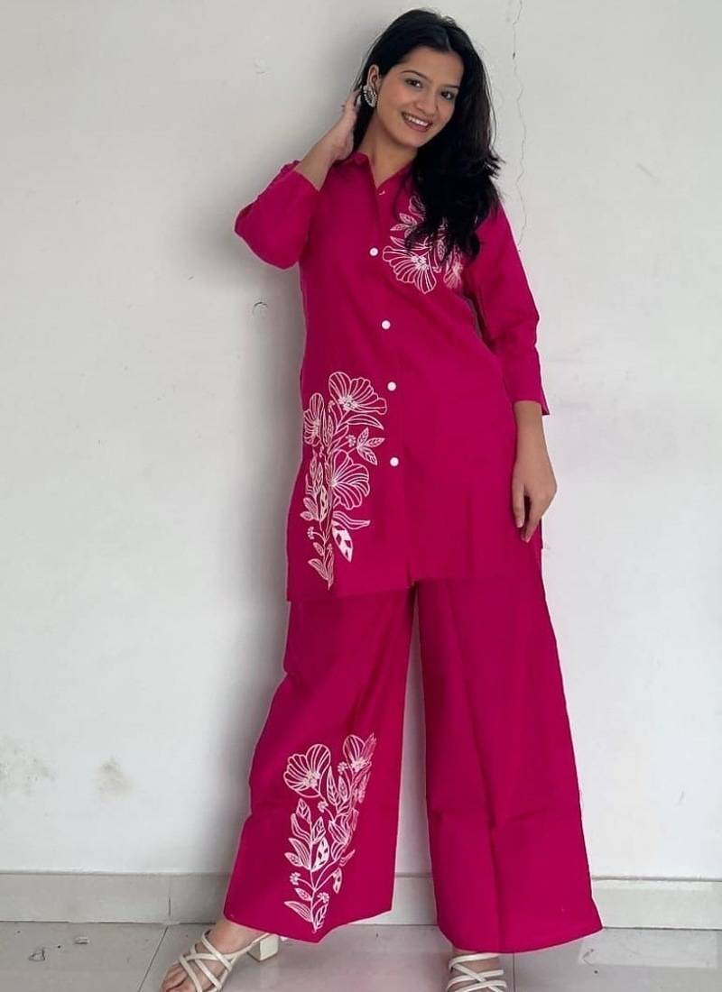 Floral printed pink round neck pure cotton co-ord set