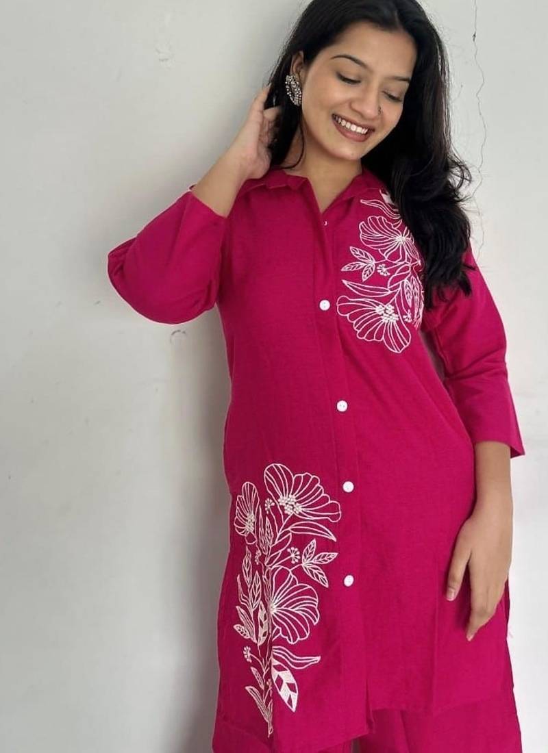 Floral printed pink round neck pure cotton co-ord set