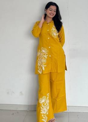 Floral printed yellow round neck  cotton co-ord set 1