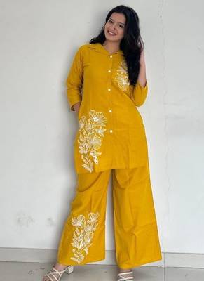 Floral printed yellow round neck  cotton co-ord set 2