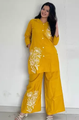 Floral printed yellow round neck  cotton co-ord set