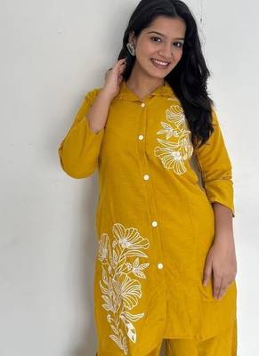 Floral printed yellow round neck  cotton co-ord set 3